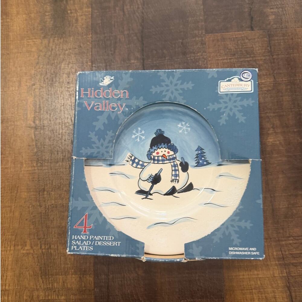 Hidden Valley Snowman Salad Dessert Plate Set 4 Piece Hand Painted Ironstone
